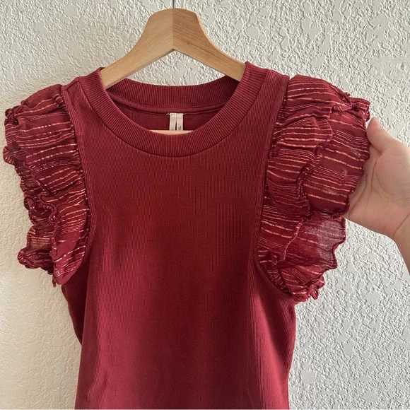 Anthropologie Burnt Red Fall Lurex Ruffle Sleeve Metallic Tank Blouse Shirt Sz S - Picture 5 of 9